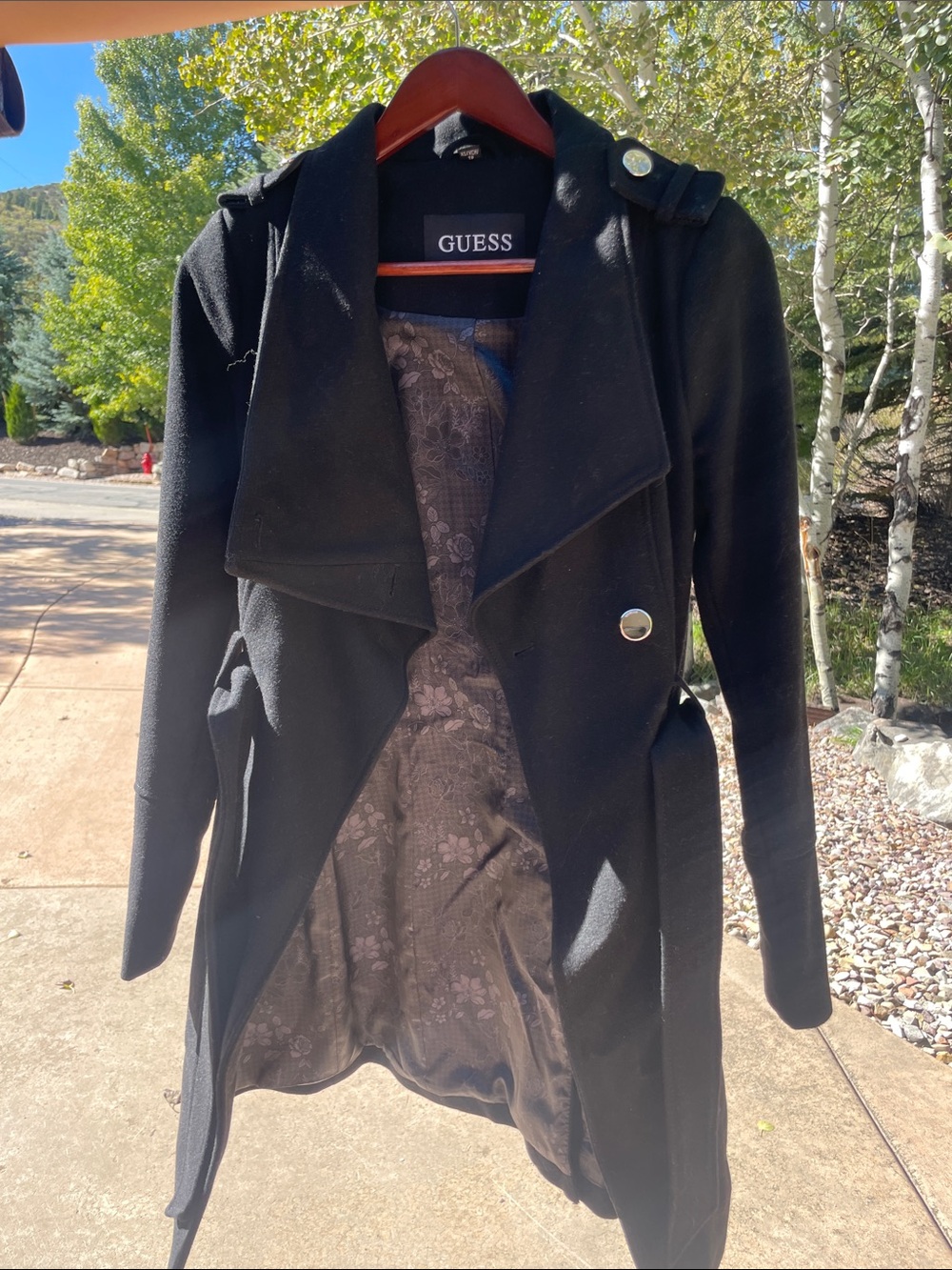 GUESS Black Trench Coat with Floral Lined Interior